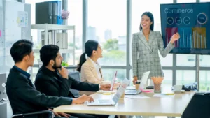 Business woman standing to present.