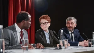 Three panelists at a table