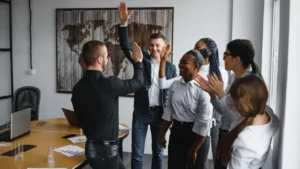 Business people engaging with credible leader