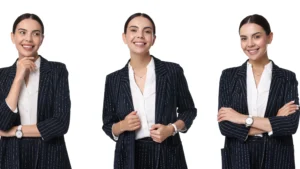 businesswoman with different postures posing against white background